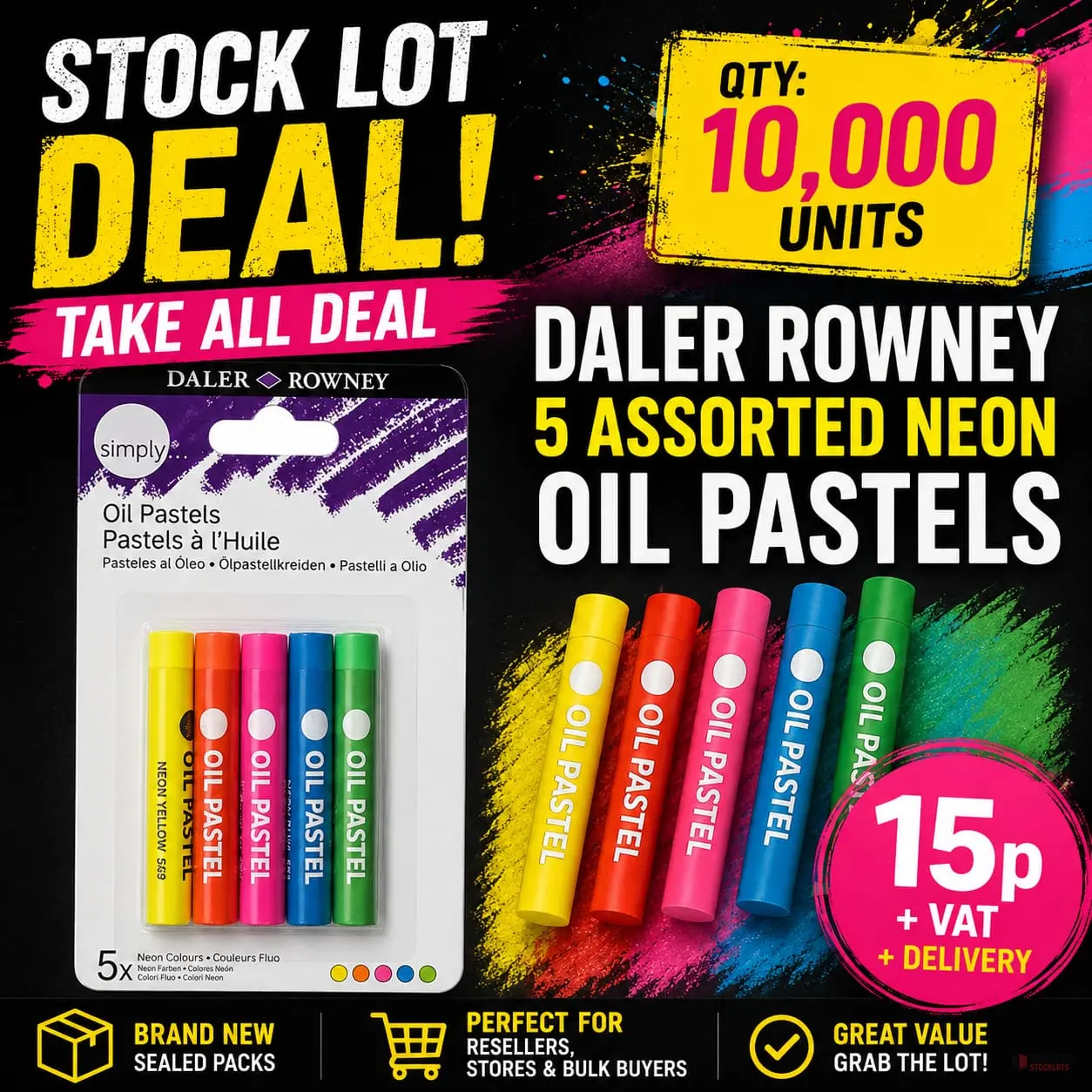 10.000 PACKS Daler Rowney 5 Assorted Neon Oil Pastels ONLY 0,15 ! - Premier B2B Stocklot Marketplace 10.000 PACKS Daler Rowney 5 Assorted Neon Oil Pastels ONLY 0,15 ! - Premier B2B Stocklot Marketplace
