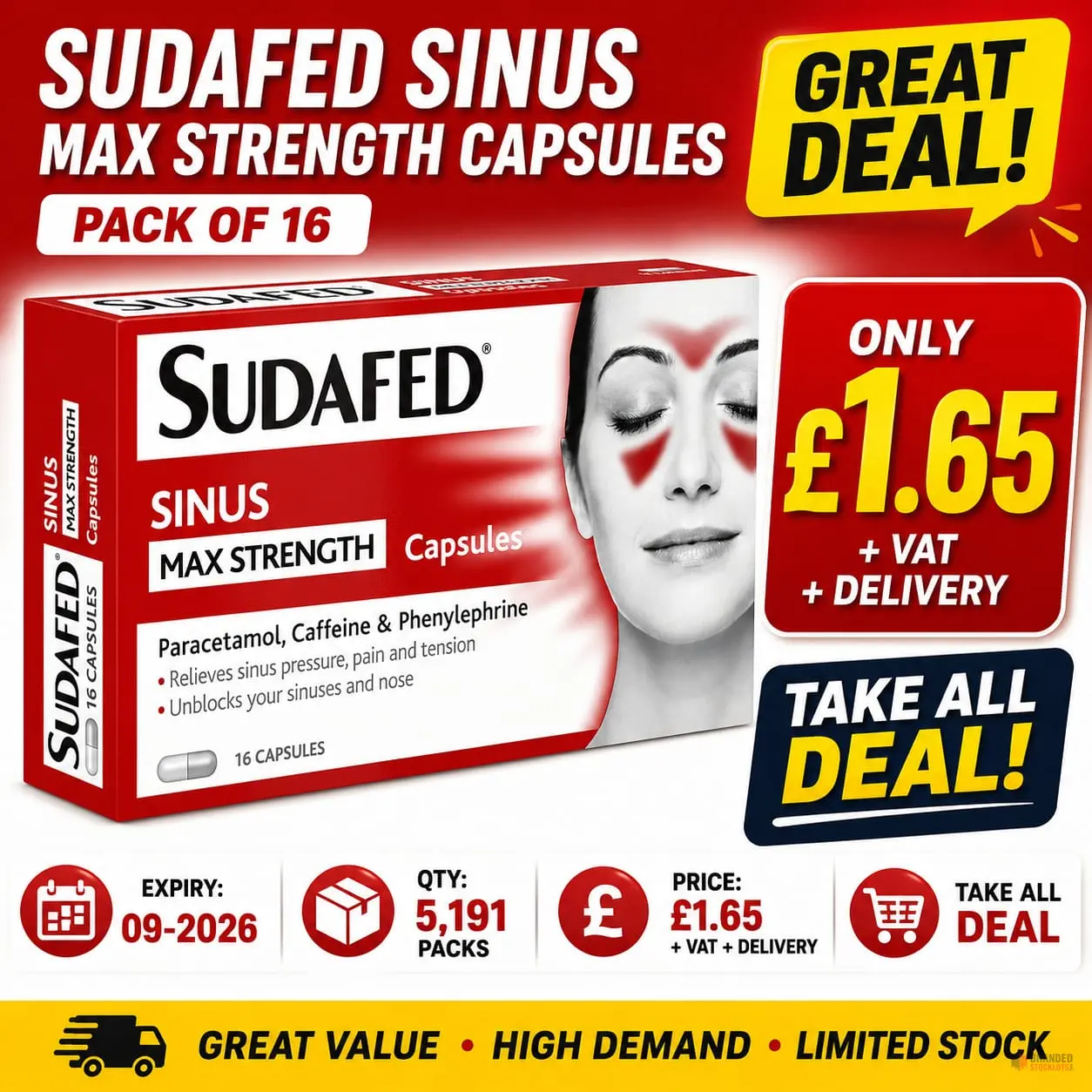 5191 packs Sudafed Sinus Max Strength Capsules Pack of 16 - Premier B2B Stocklot Marketplace 5191 packs Sudafed Sinus Max Strength Capsules Pack of 16 - Premier B2B Stocklot Marketplace