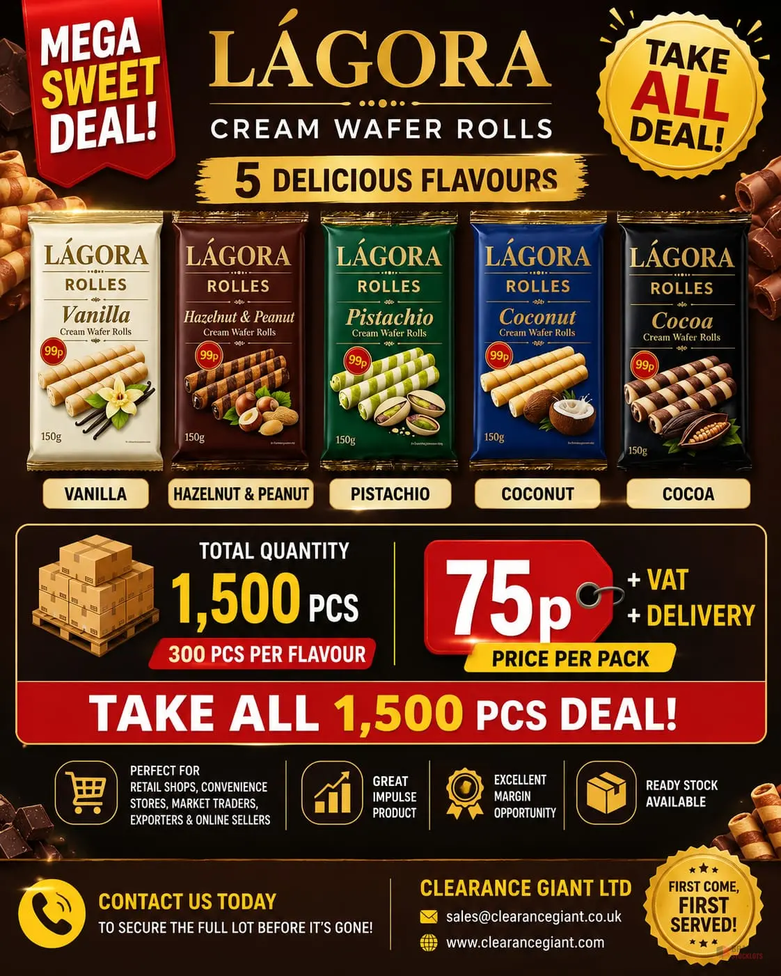 MEGA SWEET DEAL – LÁGORA CREAM WAFER ROLLS - Premier B2B Stocklot Marketplace MEGA SWEET DEAL – LÁGORA CREAM WAFER ROLLS - Premier B2B Stocklot Marketplace