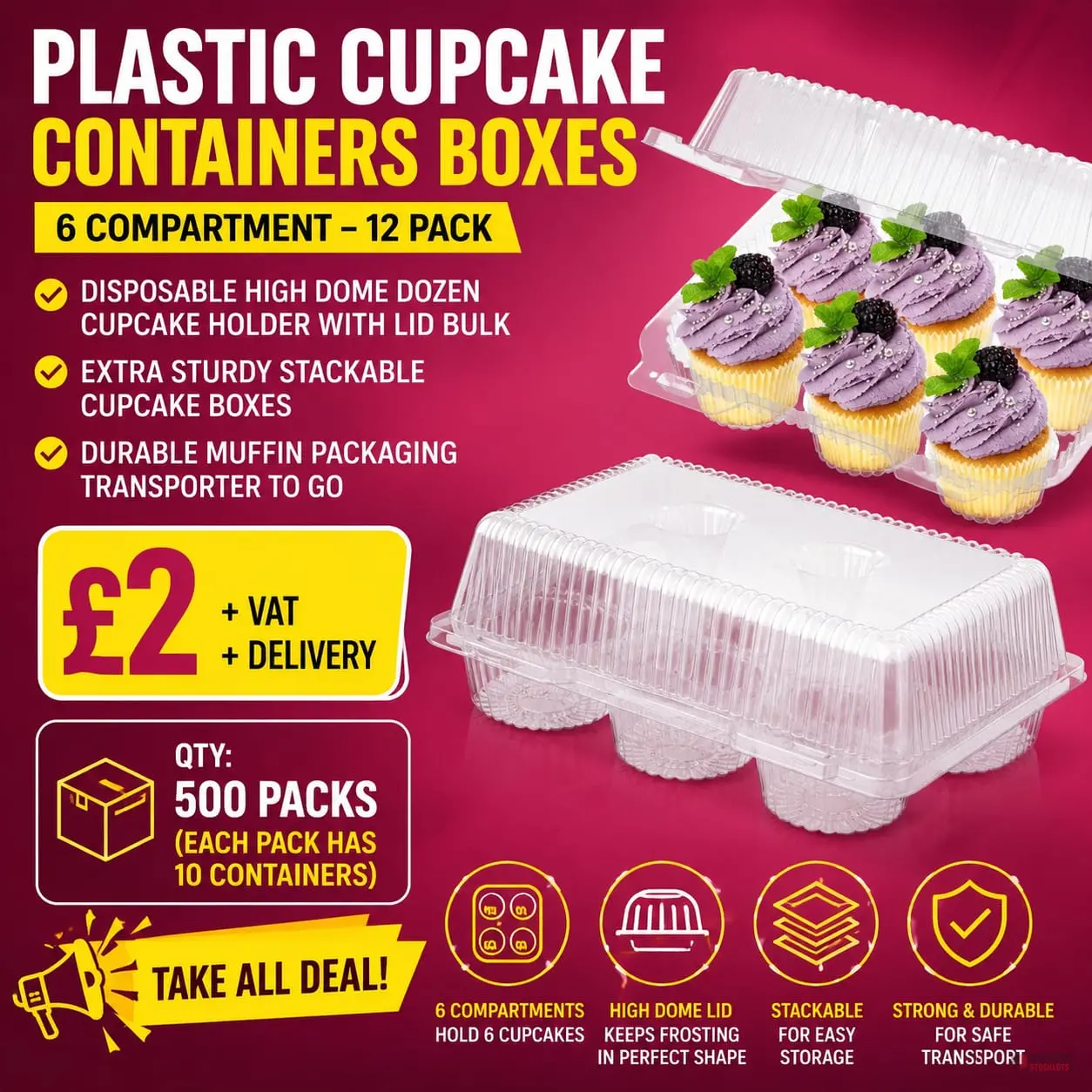 500 packs Plastic Cupcake Containers Boxes | 6 Compartment – 12 Pack - Premier B2B Stocklot Marketplace 500 packs Plastic Cupcake Containers Boxes | 6 Compartment – 12 Pack - Premier B2B Stocklot Marketplace