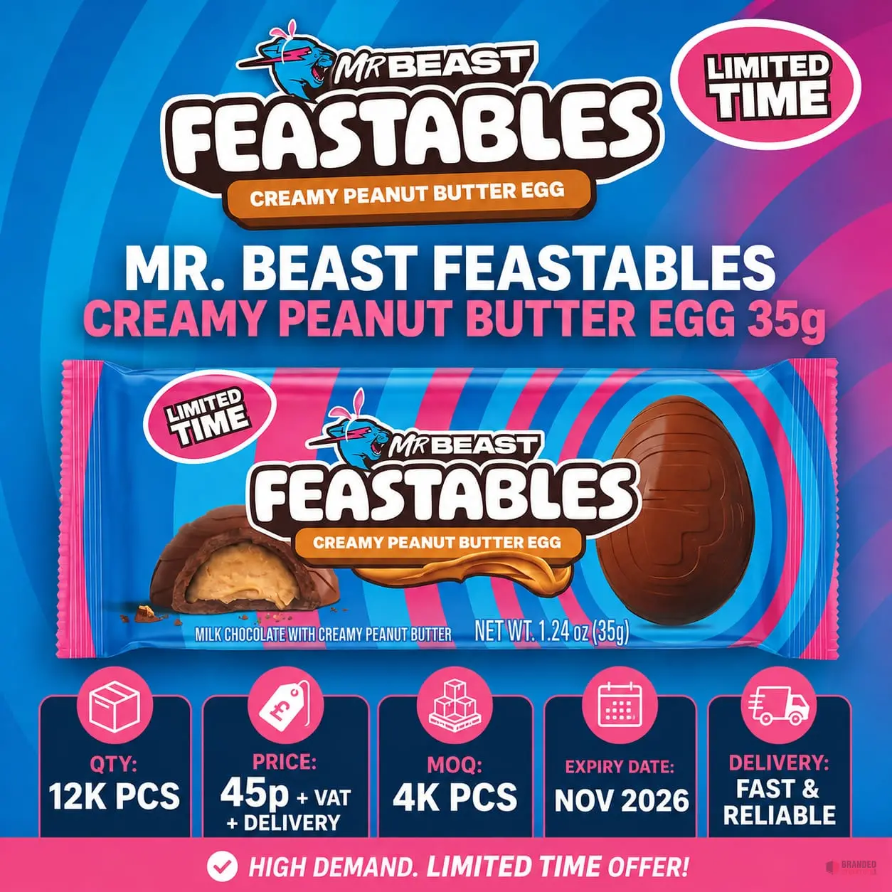 12000 pieces Mr. Beast Feastables Creamy Peanut Butter Egg 35g - Premier B2B Stocklot Marketplace 12000 pieces Mr. Beast Feastables Creamy Peanut Butter Egg 35g - Premier B2B Stocklot Marketplace