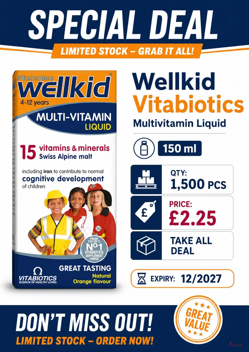 1500 pieces Wellkid Vitabiotics Multivitamin Liquid, 150 ml - Premier B2B Stocklot Marketplace 1500 pieces Wellkid Vitabiotics Multivitamin Liquid, 150 ml - Premier B2B Stocklot Marketplace