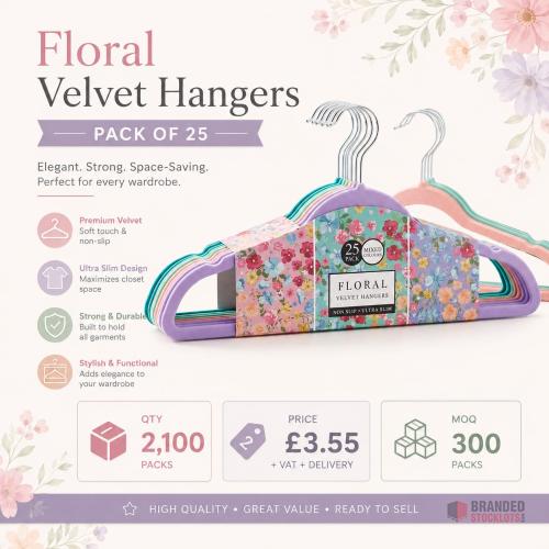 Floral Velvet Hangers Pack of 25 - Premier B2B Stocklot Marketplace