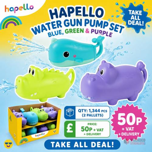 1344 pieces Hapello Water Gun Pump Set - Blue Green & Purple - Premier B2B Stocklot Marketplace