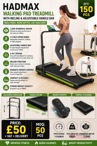 150 pieces HADMAX Walking Pad Treadmill with Incline and Adjustable Handle Bar 3.0HP - Premier B2B Stocklot Marketplace