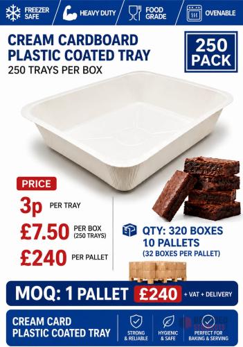 Cream Cardboard Plastic Coated Tray. 250 trays per box - Premier B2B Stocklot Marketplace