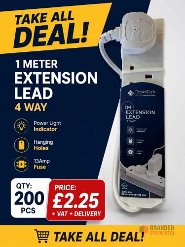 Desire Tech 200 pieces 1 Meter Extension Lead 4 Way - Premier B2B Stocklot Marketplace