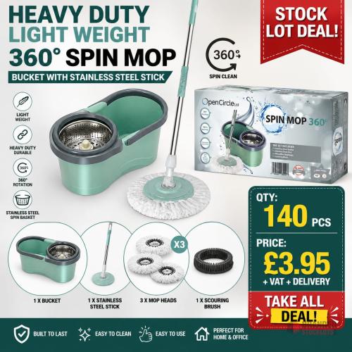 140 PIECES Heavy Duty Light Weight 360° Spin Mop Bucket with Stainless Steel Stick + 3 X Mop Heads and 1 X Scouring Brush. - Premier B2B Stocklot Marketplace