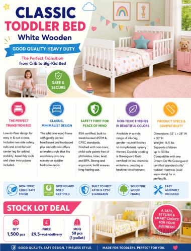 1500 PIECES Classic Toddler Bed, White. (SUPER DEAL) - Premier B2B Stocklot Marketplace