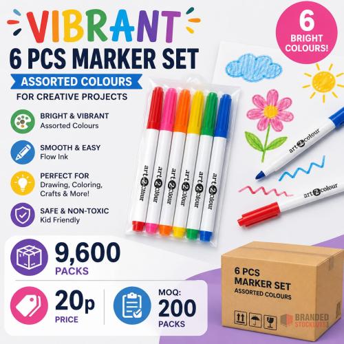 9600 SETS Vibrant 6 Pcs Marker Set assorted colours for creative projects - Premier B2B Stocklot Marketplace