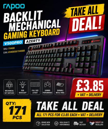 RAPOO BACKLIT MECHANICAL GAMING KEYBOARD V500PRO AZERTY 19468 - thumbnail image - Premier B2B Stocklot Marketplace