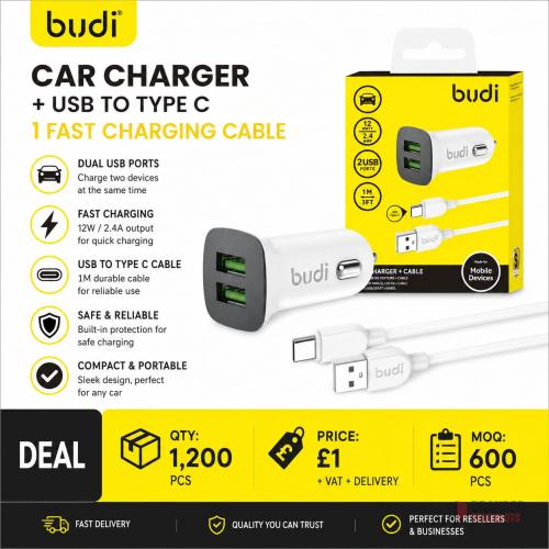Budi Car Charger plus USB to Type C 1 Fast Charging Cable - thumbnail image - Premier B2B Stocklot Marketplace