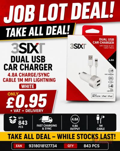 3SIXT Dual USB Car Charger 4.8A Charge/Sync Cable 1M MFI Lightning White - Premier B2B Stocklot Marketplace
