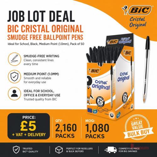 BIC Cristal Original Smudge Free Ballpoint Pens 50 PIECES INSIDE - Premier B2B Stocklot Marketplace