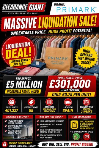 exceptional clearance of Primark clothing 401327 PCS at 0,75 cent - Premier B2B Stocklot Marketplace