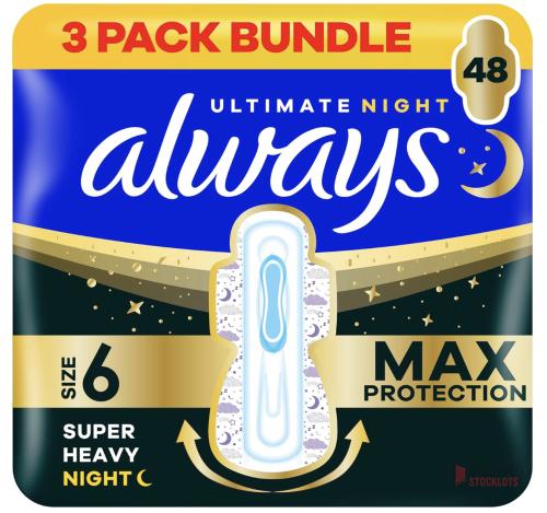 616 packs Always Ultra Sanitary Towels Secure Ultimate Night (Size 6) with Wings 3 x 16 Pads - Premier B2B Stocklot Marketplace