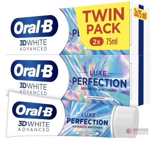 120 packs Oral-B 3D White Advanced Luxe Perfection Toothpaste 2 x 75ml Twin Pack - Premier B2B Stocklot Marketplace