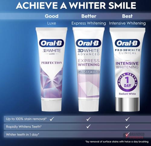 120 packs Oral-B 3D White Advanced Luxe Perfection Toothpaste 2 x 75ml Twin Pack - thumbnail image - Premier B2B Stocklot Marketplace