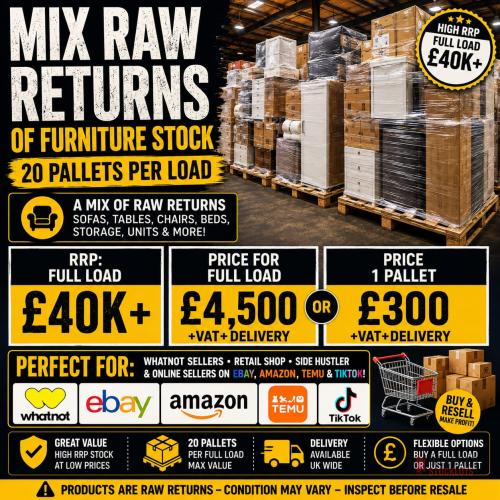 RRP: £40,000 MIX RAW RETURNS OF FURNITURE STOCK - 20 PALLETS PER LOAD Full Load Price: ONLY £4,500 - Premier B2B Stocklot Marketplace