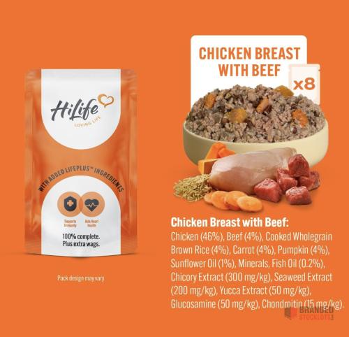 2100 pieces HiLife Adult Wet Dog Food, Mixed Chicken Recipes, Complete Dog Food Pouches, 100% Natural ingredients - thumbnail image - Premier B2B Stocklot Marketplace