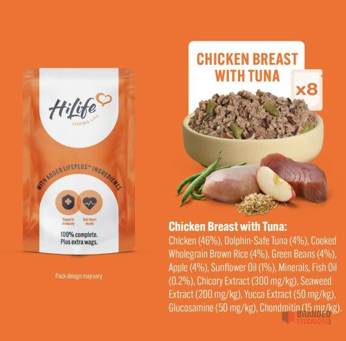 2100 pieces HiLife Adult Wet Dog Food, Mixed Chicken Recipes, Complete Dog Food Pouches, 100% Natural ingredients - thumbnail image - Premier B2B Stocklot Marketplace