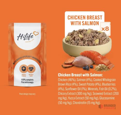 2100 pieces HiLife Adult Wet Dog Food, Mixed Chicken Recipes, Complete Dog Food Pouches, 100% Natural ingredients - thumbnail image - Premier B2B Stocklot Marketplace