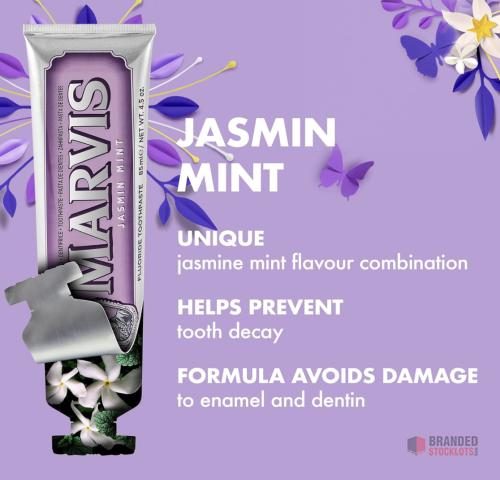 280 PIECES Marvis Jasmine Mint Toothpaste, 85 ml, Sensational Flavoured Toothpaste Helps Remove Plaque - thumbnail image - Premier B2B Stocklot Marketplace