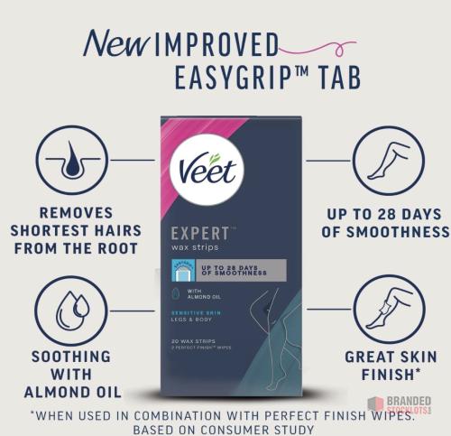 2016 packs Veet Expert Cold Wax for Sensitive Skin, Hair Removal On Legs & Body, 20 Strips + 2 Finish Wipes, Effective for Men, Smooth Results - thumbnail image - Premier B2B Stocklot Marketplace